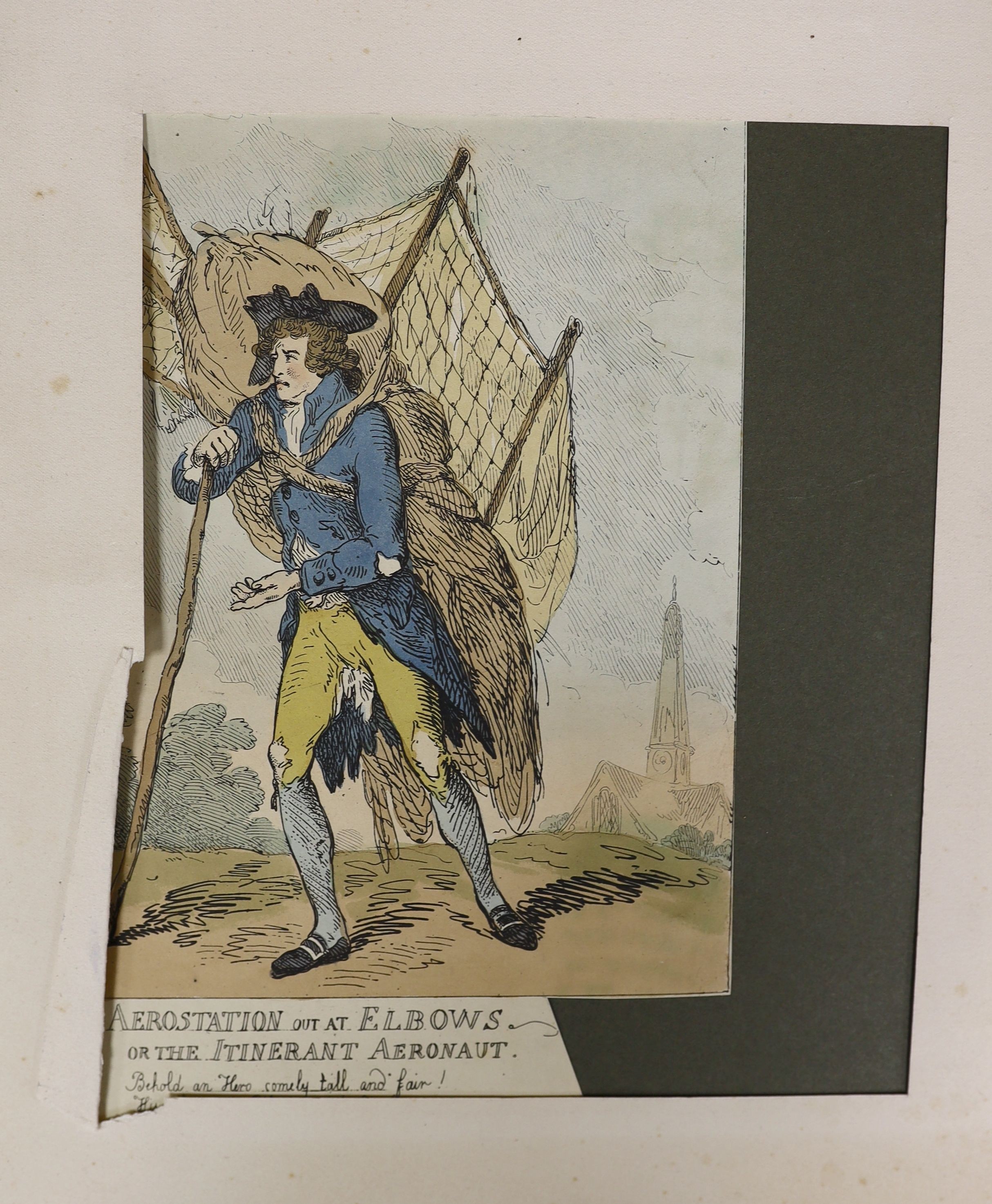 Charles Williams (fl.1797-1830), coloured engraving, 'National Pursuits, Town Talk', 1812, 31 x 48cm. & Thomas Rowlandson, coloured etching, 'Aerostation out at Elbows or the Itinerant Aeronaut', 1785, 31 x 21cm.